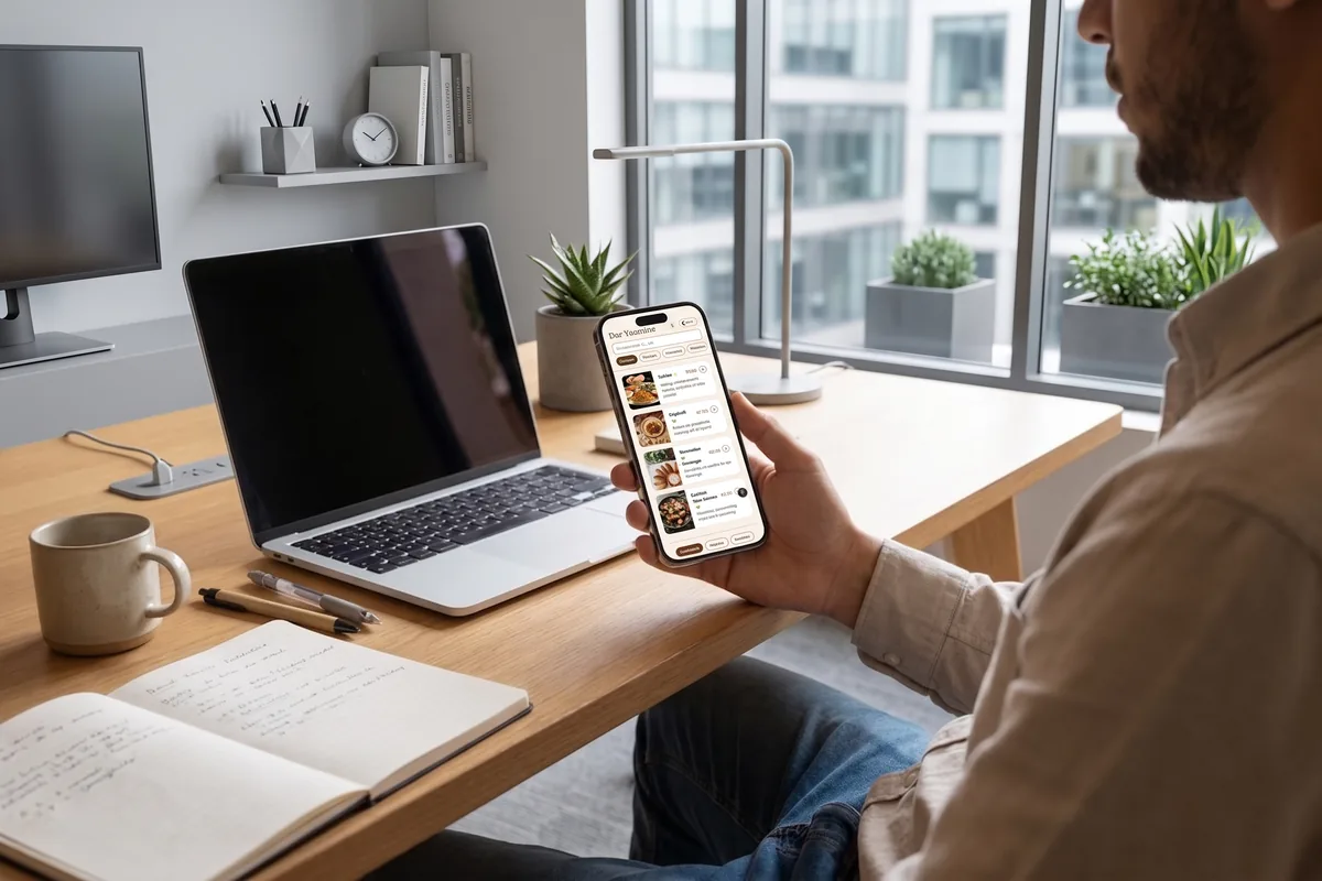 Une personne consulte le menu Batiras sur son téléphone, en dehors du restaurant.