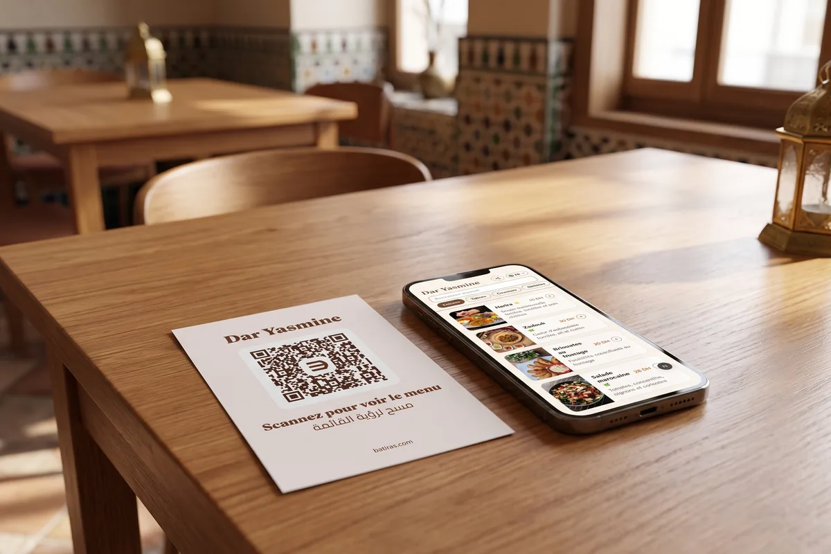 Une table de restaurant avec le QR Batiras, et un téléphone qui ouvre le menu.