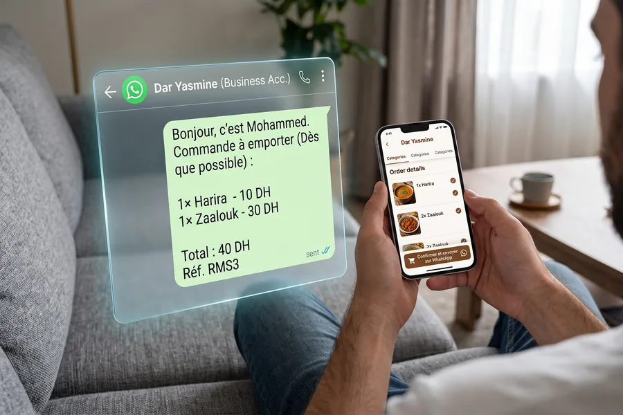 Un client prépare sa commande sur son téléphone, prête à partir sur WhatsApp.